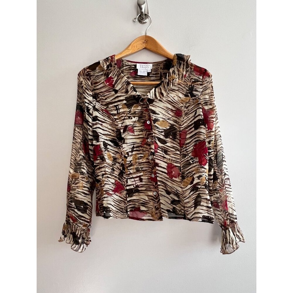 Y2K Tess Silk Blouse Womens 8 Brown Zebra Print Ruffle Sheer Button Up Romantic